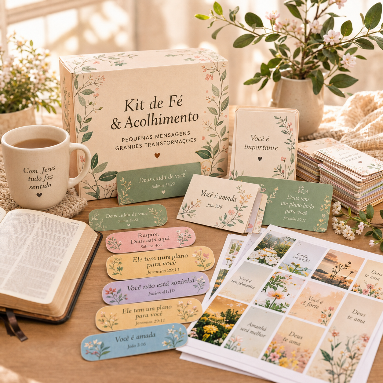Kit de Fé e Acolhimento com cartões, mensagens e materiais cristãos