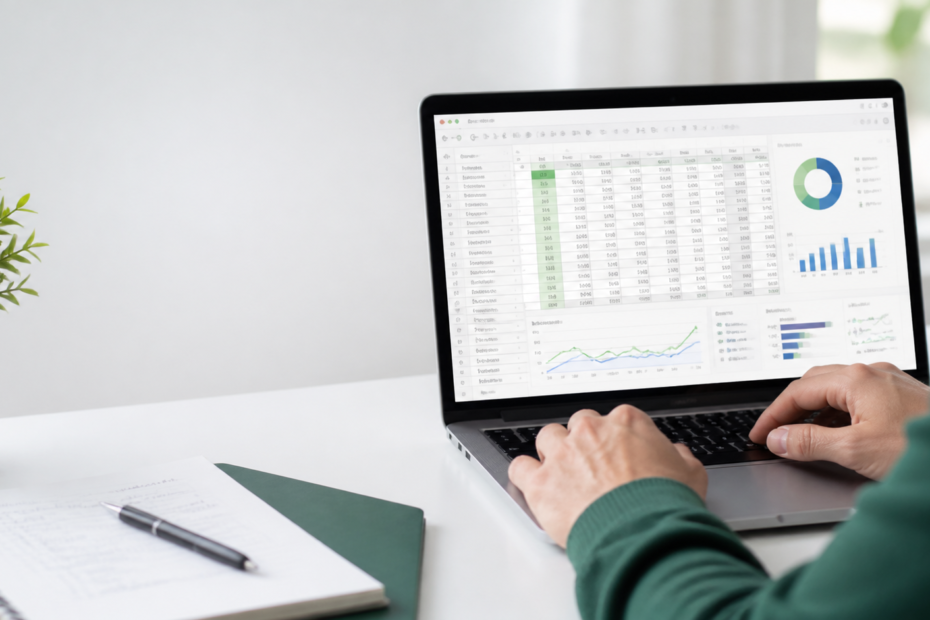Pessoa estudando Excel em notebook com planilha e gráficos